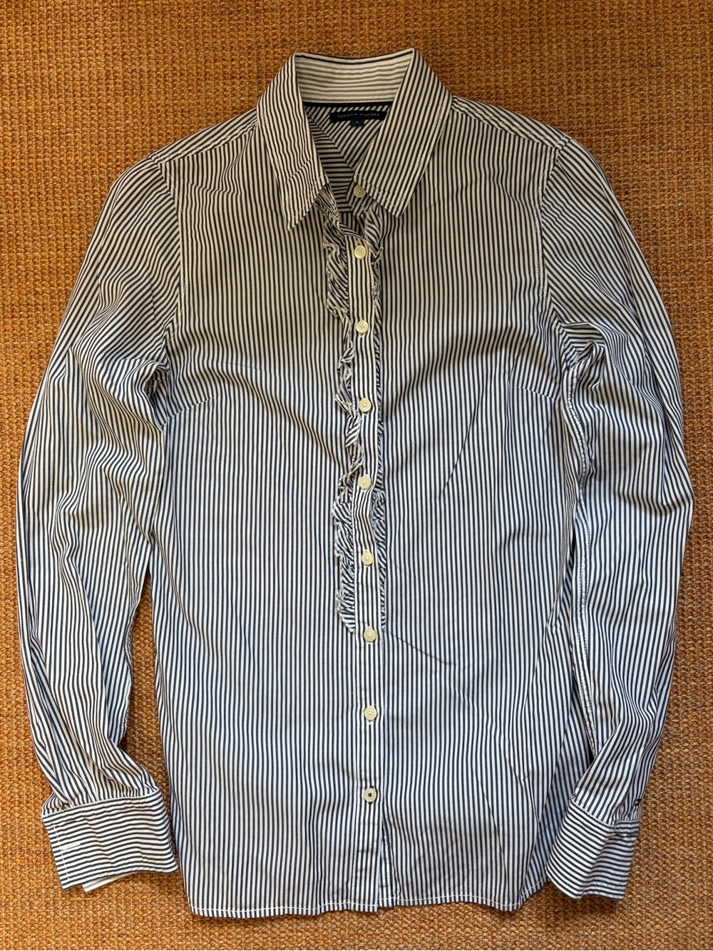 Tommy Hilfiger Cotton Black and White Pinstripe Blouse with Ruffles